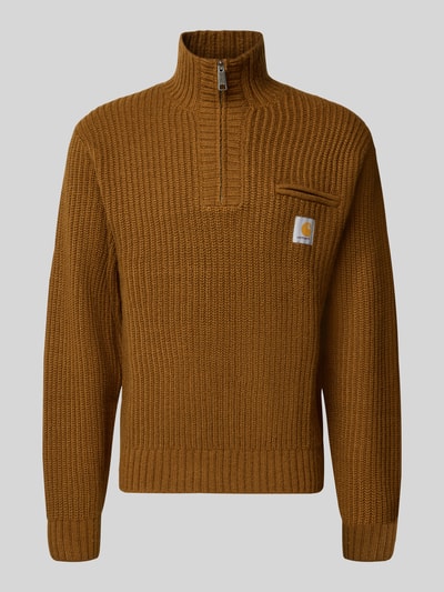 Produktfoto, Troyer mit Brustleistentasche Modell 'DETROIT' von Carhartt Work In Progress aus braunem Woll-Mix, grobe Strickstruktur, Sicht auf Vorderseite