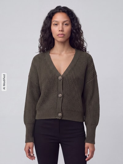 VERO MODA kardigan rozpinany o kroju oversized z dekoltem w serek model 'LEA' Ciemnozielony 4