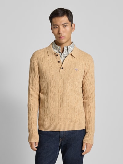 Gant Slim fit shirt met lange mouwen van zuivere wol, model 'Cable' Zand - 4