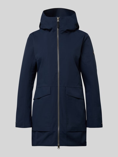 Produktfoto, dunkelblauer Regular Fit Parka mit Logo-Applikation Modell 'Folka' von Didriksons, Stehkragen, Kapuze, Zweiwege-Reißverschluss, aufgesetzte Taschen, glatte Textur