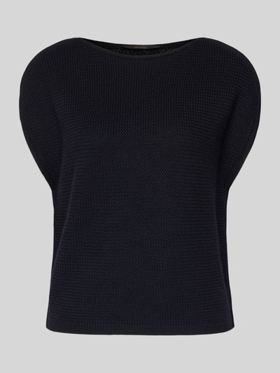 Produktfoto, Gebreide pullover met ronde hals van Windsor, damesmodel van zuivere scheerwol, regular fit, met korte mouwen, ruglengte maat 36: 53 cm, effen donkerblauw, fijne structuur.