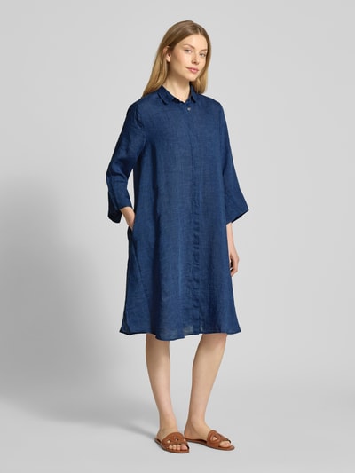 0039 Italy Knielange overhemdjurk van linnen met 3/4-mouwen, model 'GRACY' Marineblauw - 1