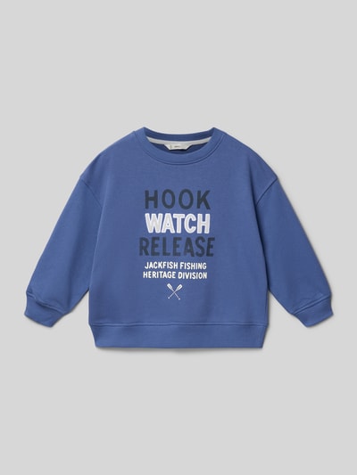 Produktfoto, Regular Fit Sweatshirt mit Statement-Print Modell 'Hook' von Mango, kinder, Baumwoll-Mix, Rundhalsausschnitt, elastische Abschlüsse, blaue Farbe, glatte Textur, weißer und schwarzer Print