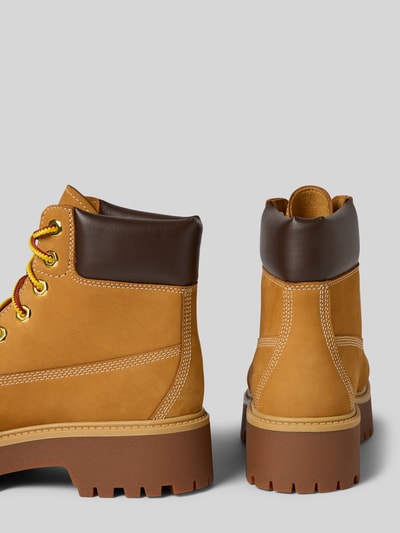 Productfoto, Schnürboots uit leermix van Timberland in camelbruin met profielzool, label in reliëf en waterdicht design, maat 39
