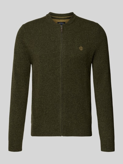 Produktfoto, Regular Fit Strickjacke aus reiner wełny z wyhaftowanym logo marki, krój regular fit, prążkowany kołnierz, długi rękaw, prążkowane wykończenia, zamek błyskawiczny na całej długości, kolor oliwkowy, Regular Fit Strickjacke aus reiner Wolle mit Logo-Stickerei von MCNEAL, długość tyłu w rozmiarze M: 69 cm, długość rękawa w rozmiarze M: 74 cm