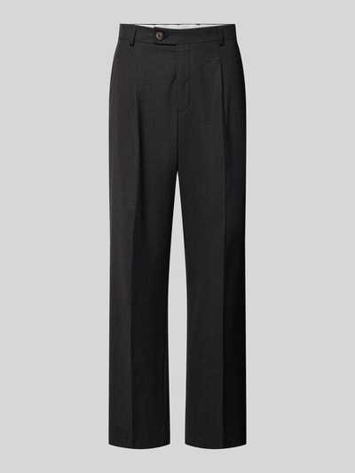 Produktfoto, Straight Fit Stoffhose mit Bundfalten von ANNARR, dunkles Grau, glatte Textur, sichtbare Bundfalten, Eingrifftaschen, Knopf- und Reißverschluss, Leistentaschen hinten, Herren Stoffhose, neutraler Hintergrund, Innenbeinlänge 81 cm, Bundweite 48 cm bei Größe 50