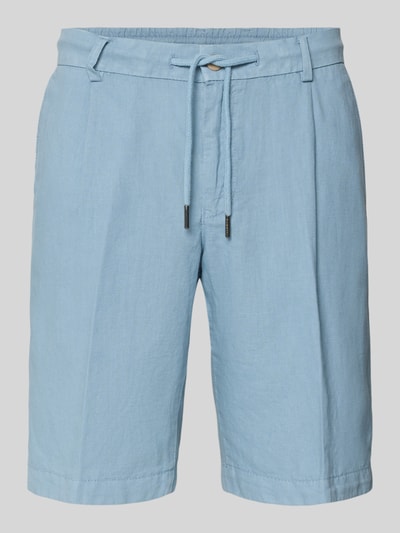 Produktfoto, Bermudas mit Eingrifftaschen von bugatti aus Leinen-Baumwoll-Anteil im Straight Fit, hellblau, sichtbarer Knopf-Reißverschluss, Kordelzug, Bundweite 43 cm, Innenbeinlänge 25 cm bei Größe 50, strukturierte Oberfläche.