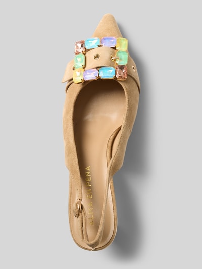 Produktfoto, Pumps mit Ziersteinbesatz und Pfennigabsatz von Alma en Pena in Beige, spitze Form, bunter Ziersteinbesatz, Wildleder-Textur