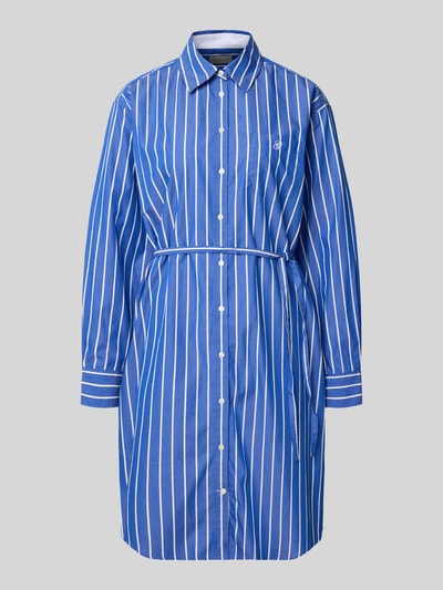 Produktfoto, knielang 'Knielanges Hemdblusenkleid mit Bindegürtel' van Gant uit puur katoen met recht model, overhemdkraag, labelstitching, knoopsluiting, strikceintuur, in blauw-wit met verticale strepen, gladde structuur, maat 36: ruglengte 102 cm, borstwijdte 58 cm, mouwlengte 58 cm.