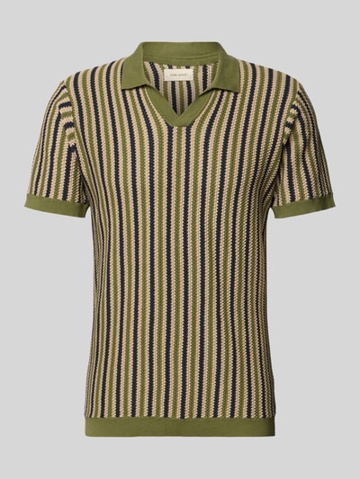 Produktfoto, Regular Fit Poloshirt in Strick-Optik Modell 'Carly' von Blend, czysto bawełniany, krój regular fit, zielone, beżowe i czarne paski, kołnierzyk polo, krótkie rękawy, długość tyłu w rozmiarze M: 72 cm