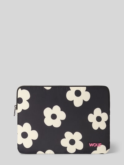 Produktfoto, Laptoptasche mit floralem Allover-Print Modell 'Daisy' von WOUF in Schwarz mit weißen Blumen, Logo-Applikation, Hauptfach mit Reißverschluss