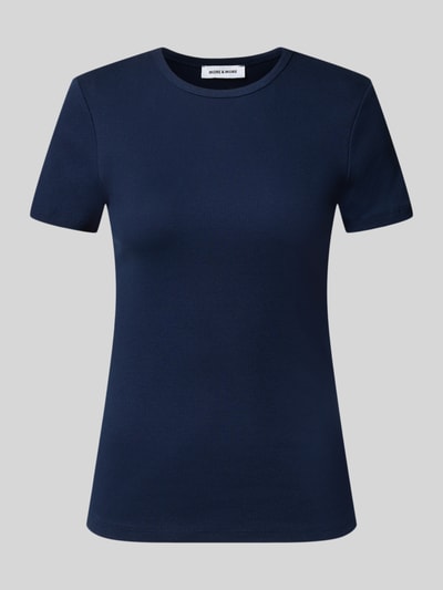 Produktfoto, Slim Fit T-Shirt aus elastischem Baumwoll-Mix von MORE, damski t-shirt, krój slim fit, prążkowane, okrągły dekolt, krój z krótkim rękawem, mieszanka bawełny i elastanu, długość tyłu w rozmiarze 36: 57 cm