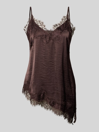 Produktfoto, Regular Fit Top mit Viskose-Anteil Modell 'Dove' von FREE/QUENT, brauner Stoff mit Spitzenbesatz, asymmetrisches Design, Damen Top
