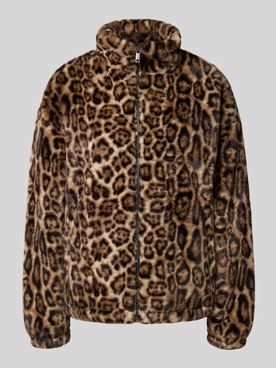 Produktfoto, Jacke mit Stehkragen und Leomuster von REVIEW, Kunstfell in Braun- und Schwarztönen, Regular Fit, Nahaufnahme Vorderseite