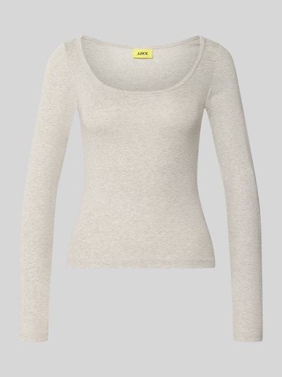 Produktfoto, Longsleeve met U-hals Model 'STAR' van JJXX, dames shirt met lange mouwen van katoenmix met stretch, nauwsluitend model, ruglengte maat S 53 cm, lichtbeige kleur, gladde textuur