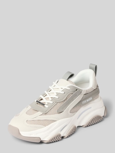 Produktfoto, Sneaker mit Label-Details Model 'Possession' van Steve Madden, dames sneakers van textielmix met afgeronde punt, vetersluiting, geprofileerde zool, hakhoogte maat 40: 4 cm, schachthoogte 8 cm, schachtbreedte 9 cm, crème en grijstinten met structuur en mesh-textuur