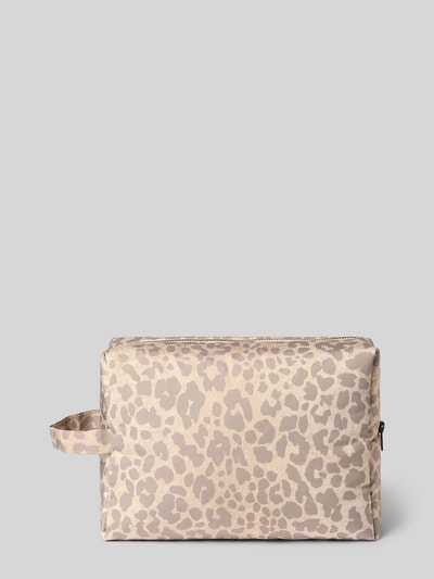 Produktfoto, Kosmetiktasche mit Allover-Animal-Print Modell 'Puffy' von STUDIO NOOS, beige-braune Töne, glatte Struktur, Hauptfach mit Reißverschluss und Reißverschlussfach auf der Innenseite