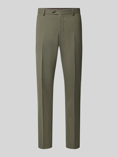Produktfoto, olivgrüne Slim Fit Anzughose mit Woll-Anteil Modell 'SLIM-NEIL' von Selected, glatte Textur, dezente Bügelfalte