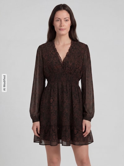 Frauenmodel trägt Minikleid mit elastischem Taillenband und V-Ausschnitt von Apricot, Chiffon, tailliert, Allover-Muster, Rüschen, Ganzkörperansicht von vorne.