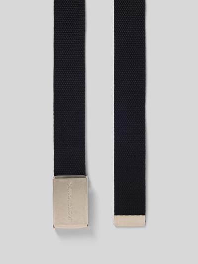 Productfoto, zwarte stoffen riem met zilverkleurige klemmsluiting, logo-opdruk, model 'LONDON' van Jack & Jones, breedte 4 cm