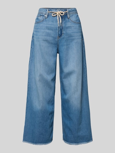 Produktfoto, Wide Leg Culotte-Jeans aus Lyocell-Baumwoll-Mix Modell 'SURI' von s.Oliver RED LABEL in blauer Denim-Optik, sichtbarer Tunnelzug, Fransen am Beinabschluss, 5-Pocket-Design, leichte Struktur.