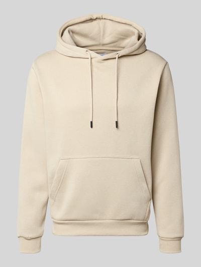 Produktfoto, Hoodie mit Kapuze Modell 'BRADLEY' von Jack & Jones aus beigem Baumwoll-Mix, Känguru-Tasche, gerippte Abschlüsse, lockerer Schnitt.