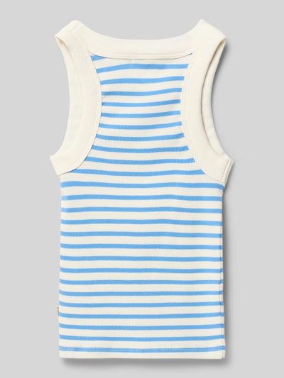Produktfoto, Slim Fit Top mit Logo-Patch von Garcia, blau-weiß gestreift, Elastischer-Baumwoll-Mix, Rundhalsausschnitt, Kinder Top, Rückenlänge 40 cm bei Größe 140.