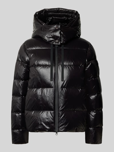 Productfoto, glanzzwarte horizontaal gewatteerde Steppjacke mit Kapuze und Eingrifftaschen Modell 'KENID' van Peuterey, rechte snit, rits, zijzakken, dames steppjacke, gladde textuur
