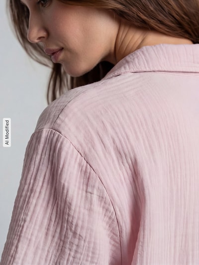 Frauenmodel trägt Relaxed Fit Pyjama-Oberteil mit Brusttasche von Jake*s Casual aus reiner Baumwolle, Strukturmuster, Nahaufnahme Schulter