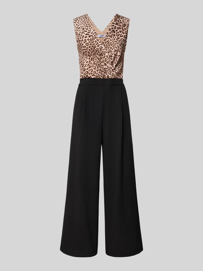 Produktfoto, Jumpsuit mit V-Ausschnitt Modell 'Mi44rinanaa' von ZABAIONE, Material-Mix mit Stretch-Anteil, Cropped, Eingrifftaschen, schwarz-beige.