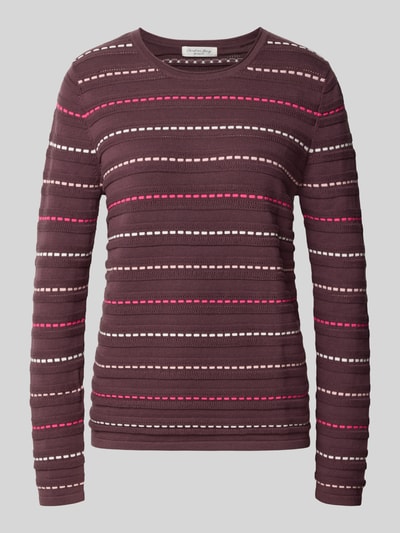 Produktfoto, Strickpullover mit Struktur-Muster von Christian Berg Woman in Braun mit weißen und pinken Streifen, Rundhalsausschnitt, reine Baumwolle, gerader Schnitt