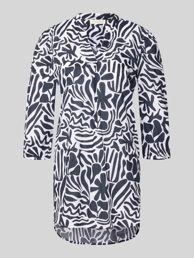 Produktfoto, Relaxed Fit Tunika-Bluse mit floralem Allover-Print von Christian Berg Woman aus Reine Baumwolle, in Schwarz-Weiß mit 3/4-Arm, Tunika-Ausschnitt, elastische Ärmelabschlüsse, sichtbare Textur.