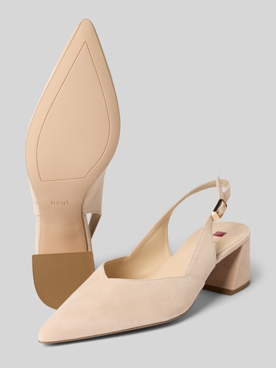 Produktfoto, Pumps aus Leder mit Blockabsatz von Högl in Beige, vorne spitz zulaufend, Riemen mit Dornschließe, Absatzhöhe 5 cm, Echtleder, elegante Form und glatte Struktur