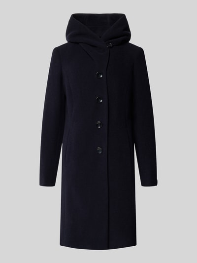 Produktfoto, lange jas van mix van scheerwol en kasjmier Model 'Bella' van Milo Coats in donkerblauw met opstaande kraag, regular fit, steekzakken, knoopsluiting, ruglengte maat 36: 93 cm, schouderbreedte 43 cm, borstwijdte 44 cm, mouwlengte 64 cm