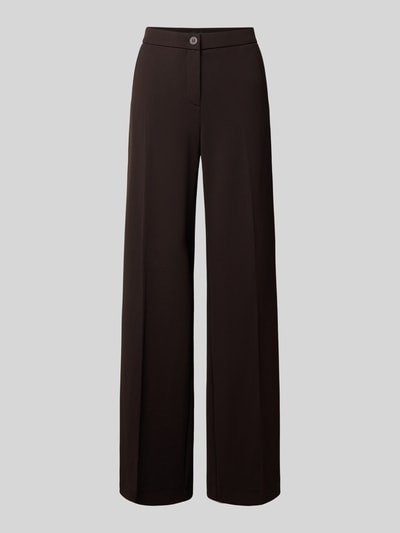 Productfoto, Wide Leg broek met steekzakken model 'Hillda' van Stehmann in donkerbruin met gladde textuur, Dames wijdte context