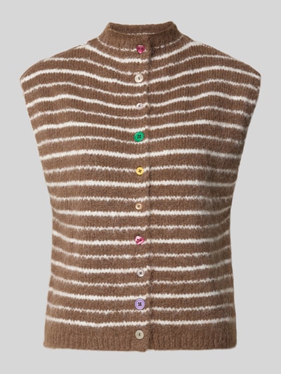 Produktfoto, braun-weiß gestreifte Regular Fit Weste mit Woll-Anteil Modell 'SIRA' von PIECES, strukturierte Oberfläche, Damen Weste