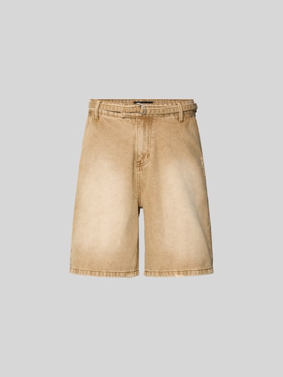 Produktfoto, Relaxed Fit Jeansshorts aus Baumwolle von Don't Waste Culture in Beige mit Used-Look, Eingriffstaschen, D-Ring-Verschluss, Bundweite 40 cm, Innenbeinlänge 23 cm, reine Baumwolle