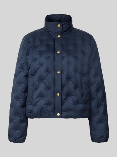 Produktfoto, dunkelblaue Regular Fit Daunenjacke mit Logo-Stitching von Tommy Hilfiger, goldene Knöpfe, glatte Struktur, Damen Daunenjacke