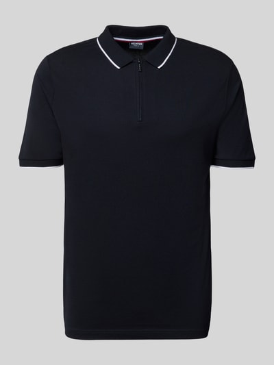 Produktfoto, Regular Fit Poloshirt mit Baumwoll-Anteil von HECHTER PARIS w kolorze czarnym, krój regular fit, mieszanka bawełny, kołnierzyk polo z zamkiem błyskawicznym, elastyczne zakończenia rękawów, długość tyłu w rozmiarze M: 69 cm