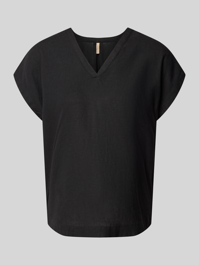 Produktfoto, Blusenshirt aus Leinen-Viskose-Mix Modell 'INA' von Soyaconcept, Schwarz, gerade Form, feine Textur, Damen, V-Ausschnitt, Kappärmel, Rückenlänge 61 cm, Ärmellänge 20 cm, Gerader-Schnitt
