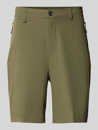 Produktfoto, olivefarbene Relaxed Fit Bermudas mit Label-Schriftzug Modell 'PS Spirit 70' von BOSS Green X PORSCHE, glatte Textur, sichtbarer Knopfverschluss, Gürtelschlaufen, seitliche Eingrifftaschen, einfarbige Optik.