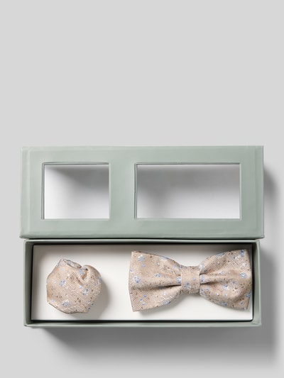 Produktfoto, Fliege und Einstecktuch mit floralem Allover-Stitching von Roy Robson, Geschenk-Box, Set, Strukturmuster, neutrale Farben