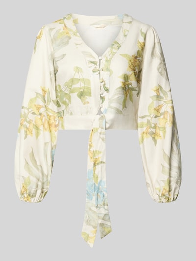 Produktfoto, Cropped Bluse aus Leinen-Viskose-Mix Modell 'SHIRLEY' von Guess mit V-Ausschnitt, Knopfleiste, florales Muster, helle Grundfarbe, Damen Bluse.