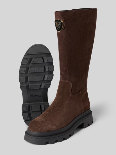 Produktfoto, Stiefel aus Leder mit Label-Applikation Modell 'KIMMEL' von Blauer USA, dunkelbraun, abgerundete Spitze, strukturierte Sohle, Damen Stiefel, Absatz 4 cm, Schafthöhe 37 cm, Schaftweite 19 cm