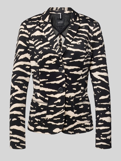 Produktfoto, Slim Fit Blazer met reverskraag van Marc Cain, materiaalmix met stretch, steekzakken, knoopsluiting, zwart-beige patroon.