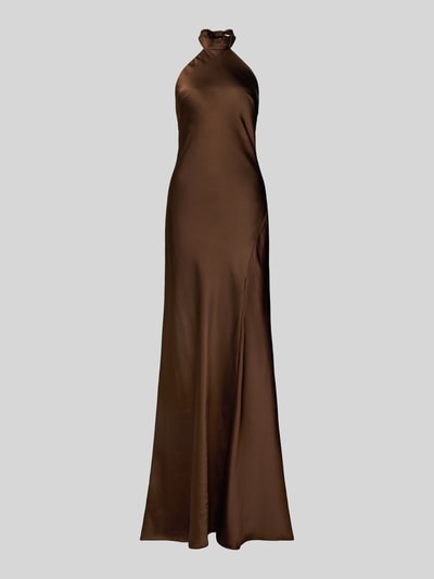 Produktfoto, Abendkleid mit Neckholder zum Binden von Mascara aus braunem Satin in Maxilänge, körpernahe Passform, Rückenausschnitt, Nahtreißverschluss, Rückenlänge 160 cm, Brustweite 42 cm, glänzende Oberfläche