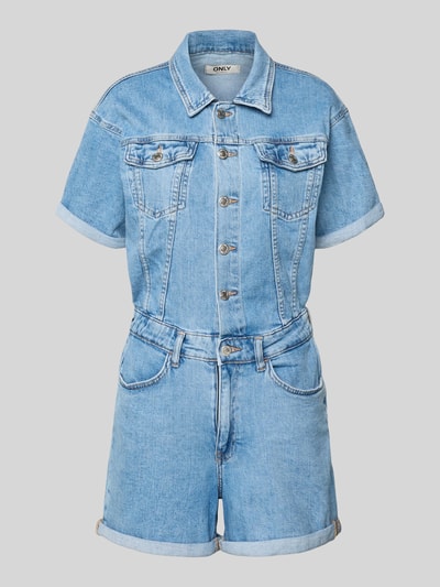 Produktfoto, Regular Fit Playsuit aus Baumwoll-Mix Modell 'CASTEL' von Only in Denim-Optik mit Kontrast-Nähten, Knopfleiste, Gürtelschlaufen, Hemdkragen, Kurzarm, Umschlägen, seitlichen Eingrifftaschen, Gesäßtaschen und Brusttaschen