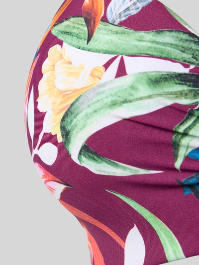 Produktfoto, Bikini-Oberteil im Allover-Look Modell 'Cadu' von VENICE BEACH, bunte florale Muster auf violettem Stoff, körnige Textur