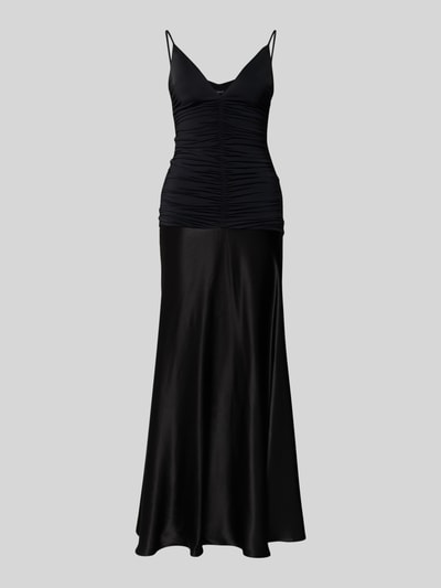 Produktfoto, schwarzes Slim Fit Abendkleid mit Raffungen, V-Ausschnitt, Spaghettiträger, Modell 'Lavanda' von Bardot, elastischer Material-Mix.