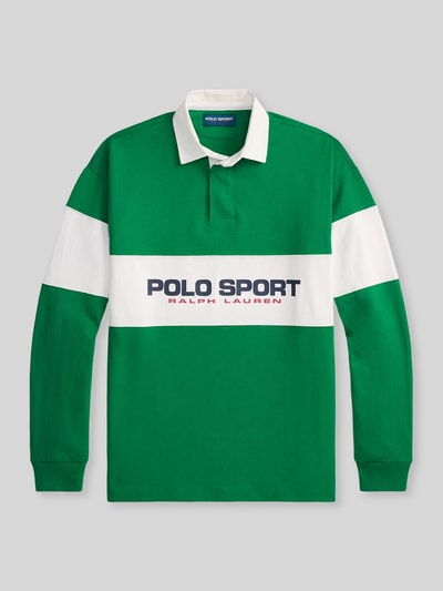Produktfoto, Regular Fit Poloshirt aus reiner Baumwolle von Polo Ralph Lauren, grün mit weißen Querstreifen, Label-Schriftzug, Piqué-Struktur